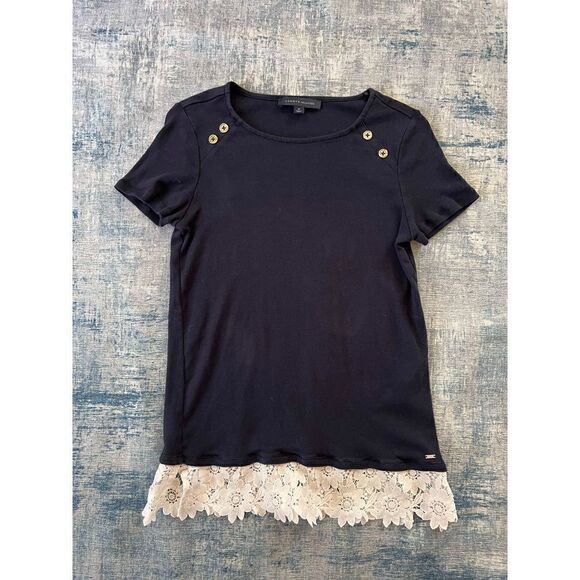 Tommy Hilfiger Dark Navy Blue White Lace Trim Tee Medium - Picture 1 of 8